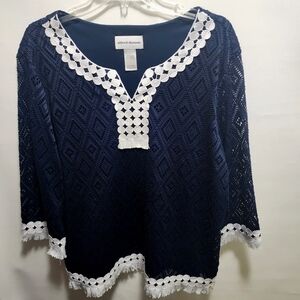 Alfred Dunner Top Navy Blue Lace with White Trim Women's Size Large